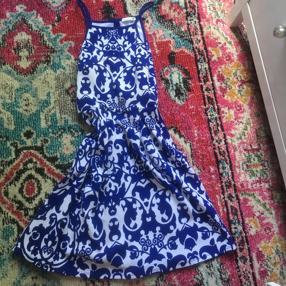 Halter top skater dress blue and white pattern